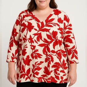 Chico’s Pima Cotton Floral Tunic Top | Red & Cream | Size 4 XXL | Resort Boho